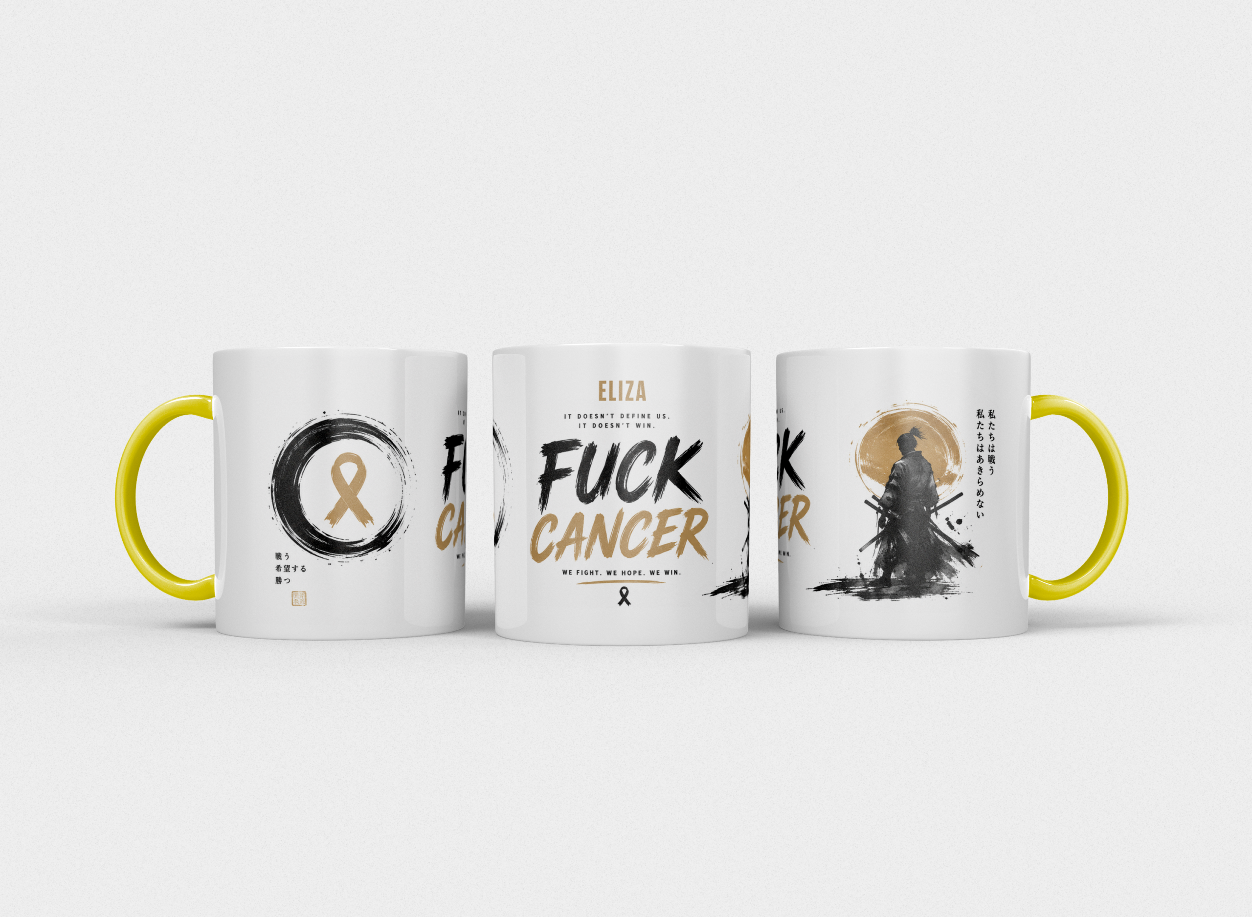 Gepersonaliseerde “Fuck Cancer” Mok – Samurai Waterverf Design met Awareness Ribbon en Naam - Afbeelding 11