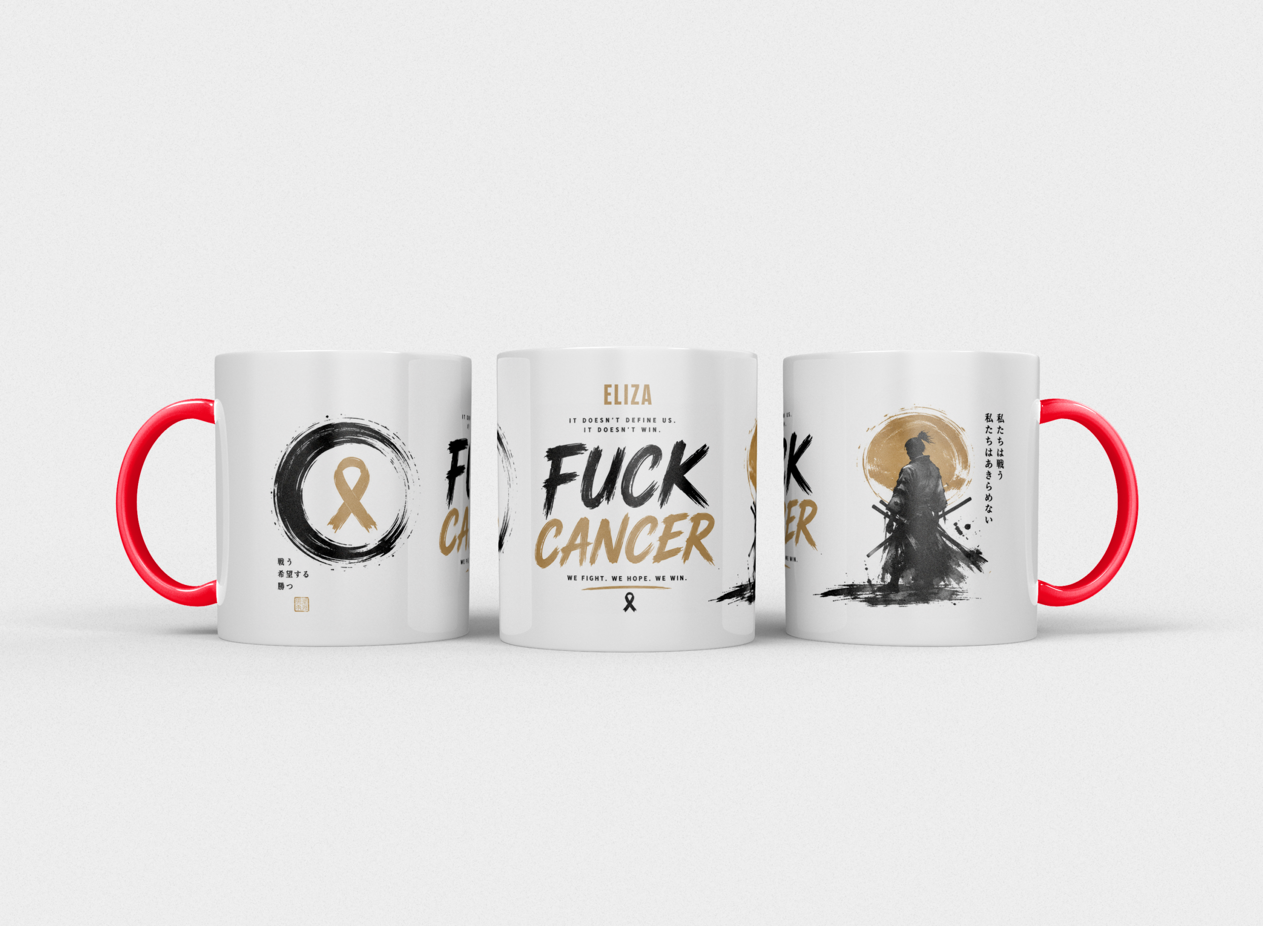 Gepersonaliseerde “Fuck Cancer” Mok – Samurai Waterverf Design met Awareness Ribbon en Naam - Afbeelding 15
