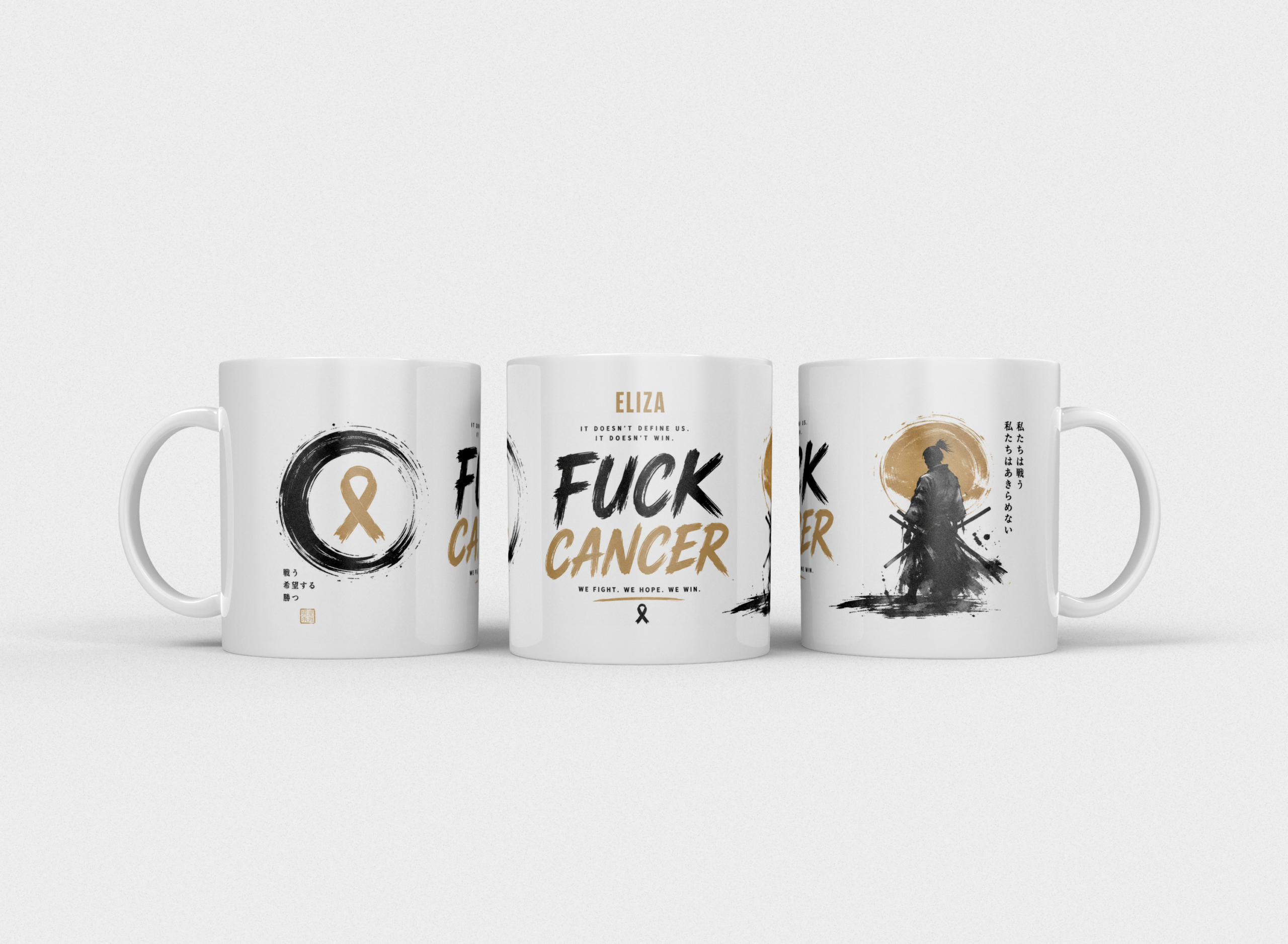 Gepersonaliseerde “Fuck Cancer” Mok – Samurai Waterverf Design met Awareness Ribbon en Naam - Afbeelding 17