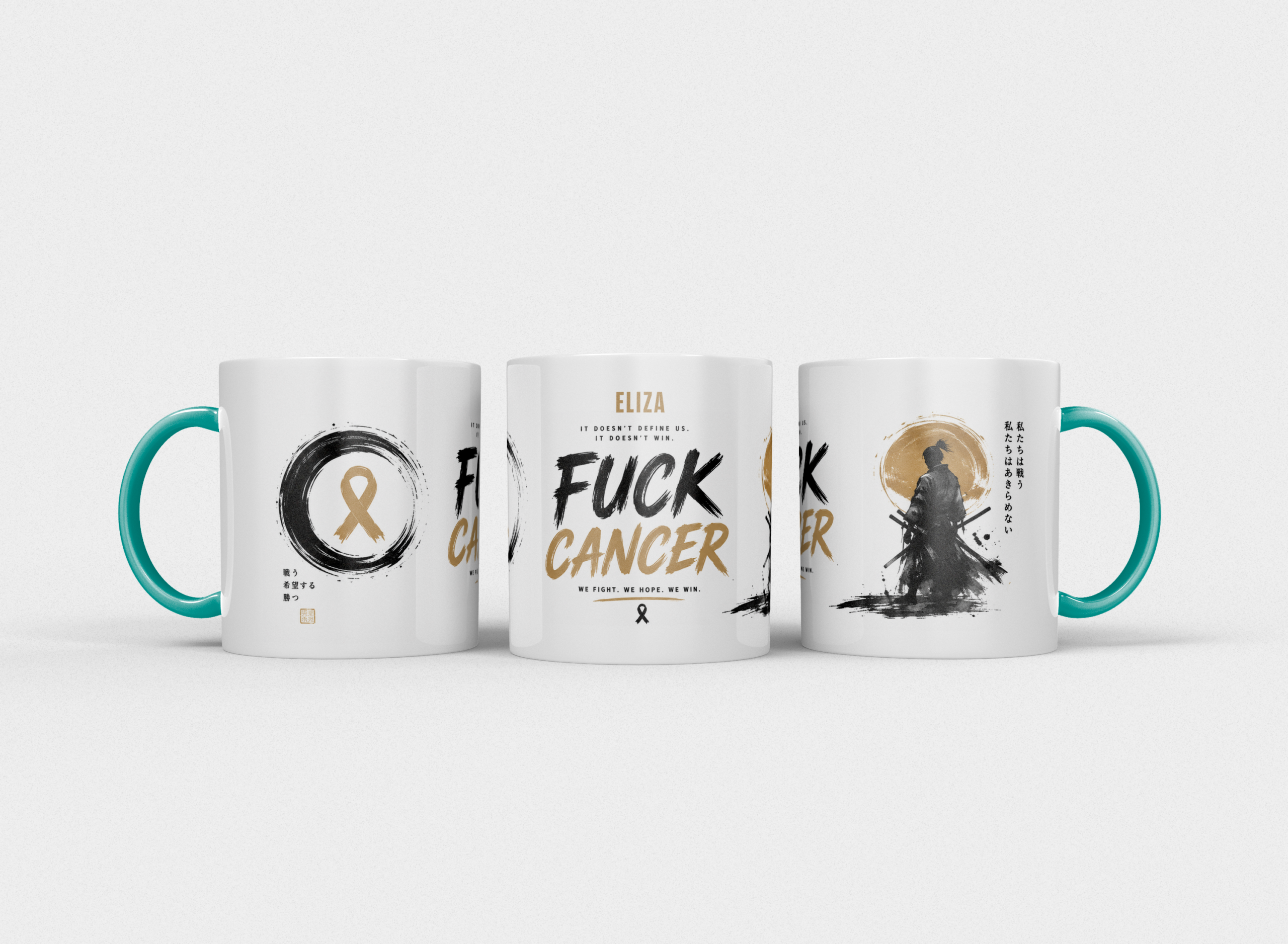 Gepersonaliseerde “Fuck Cancer” Mok – Samurai Waterverf Design met Awareness Ribbon en Naam - Afbeelding 18