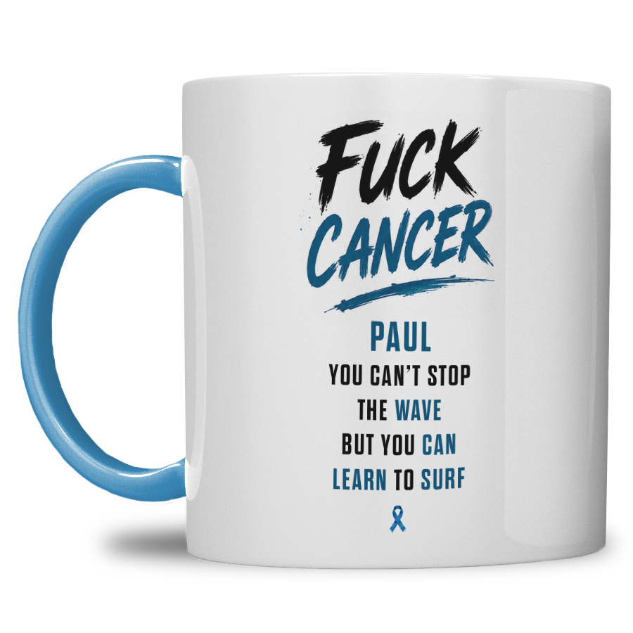 Gepersonaliseerde “Fuck Cancer” Mok – Golf Waterverf Design met Awareness Ribbon en Naam