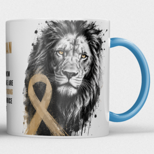 Gepersonaliseerde “Fuck Cancer” Mok – Leeuw Waterverf Design met Awareness Ribbon en Naam
