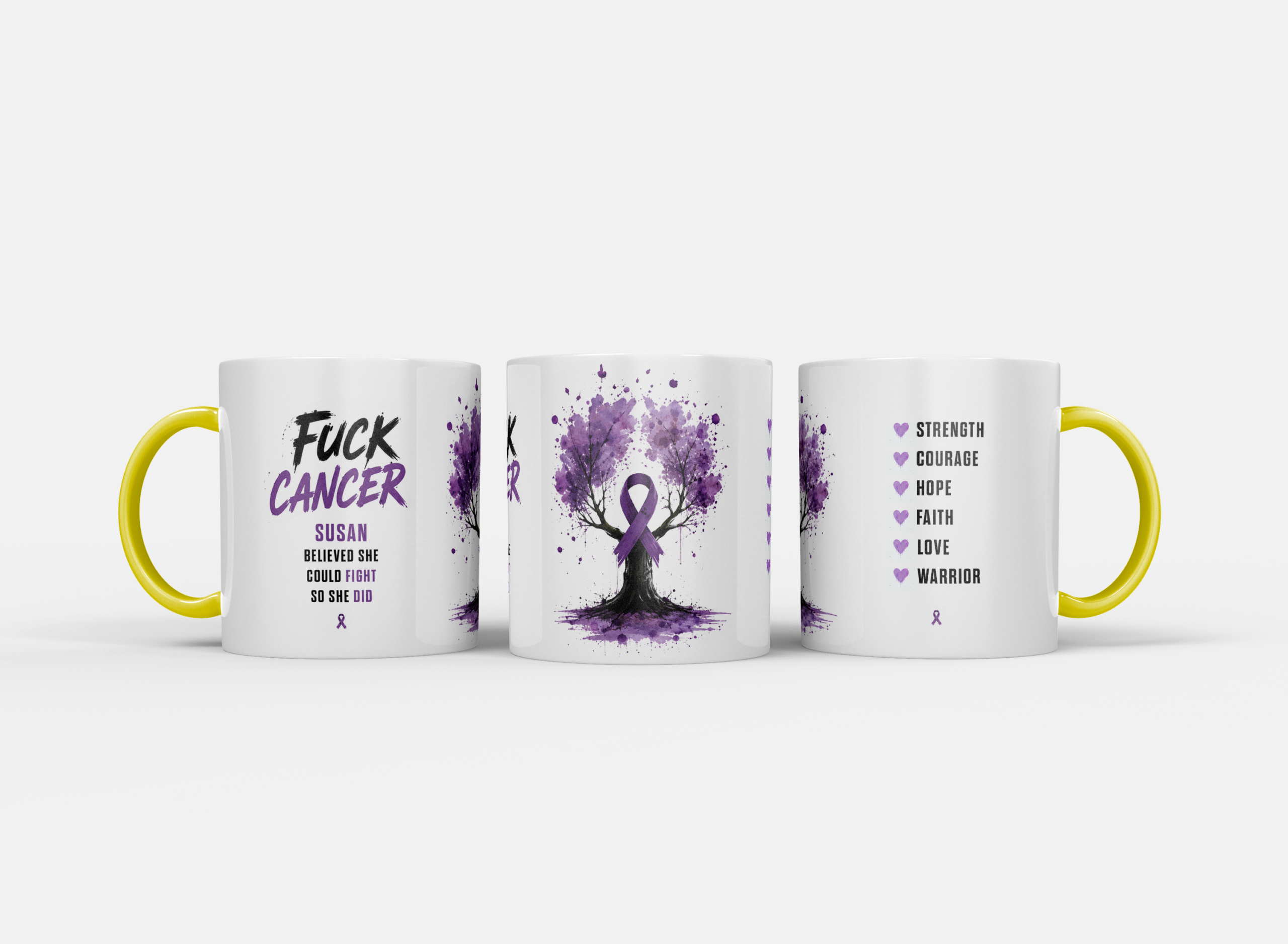 Gepersonaliseerde “Fuck Cancer” Mok – Boom & Awareness Ribbon Waterverf Design met Eigen Naam - Afbeelding 15