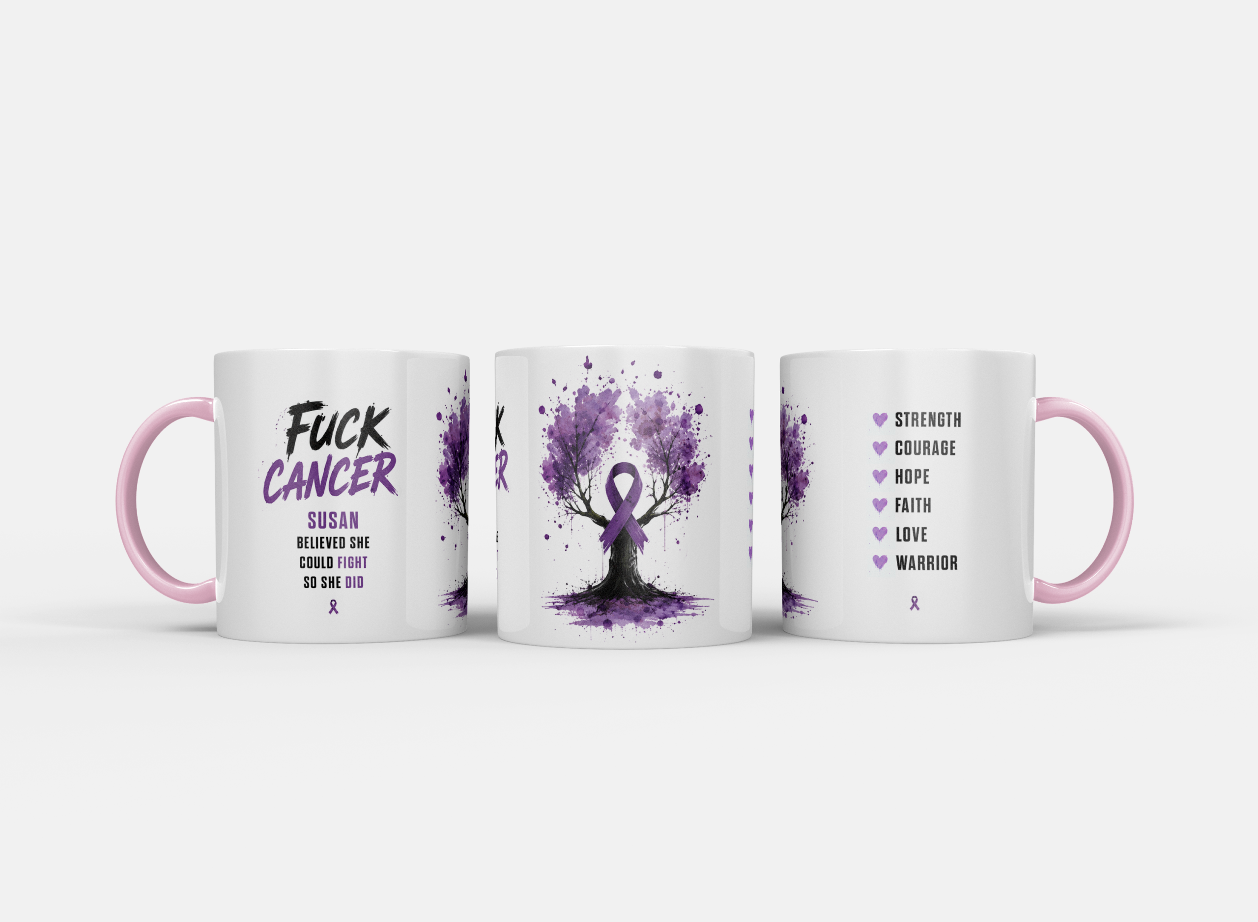 Gepersonaliseerde “Fuck Cancer” Mok – Boom & Awareness Ribbon Waterverf Design met Eigen Naam - Afbeelding 19