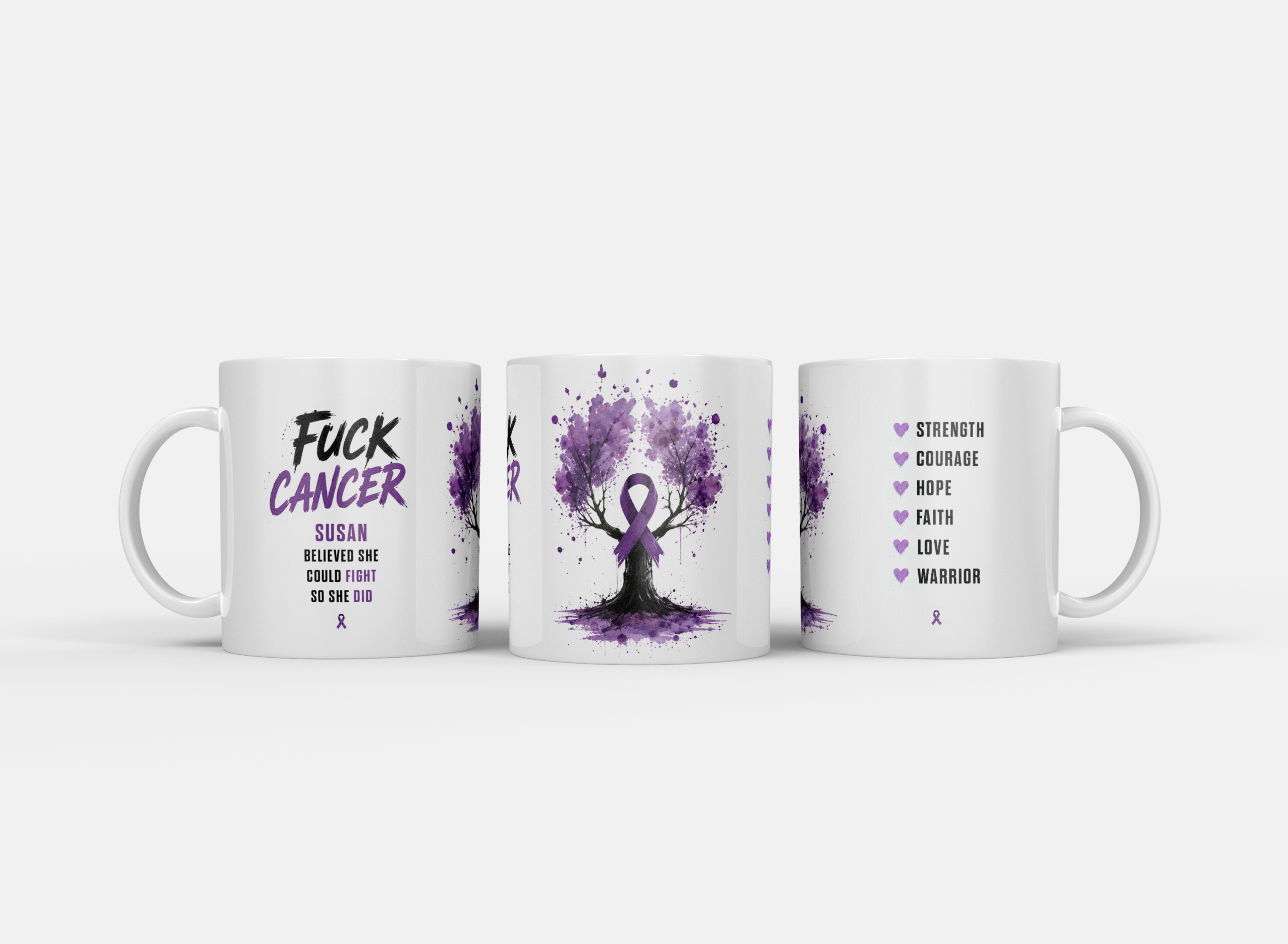 Gepersonaliseerde “Fuck Cancer” Mok – Boom & Awareness Ribbon Waterverf Design met Eigen Naam - Afbeelding 20