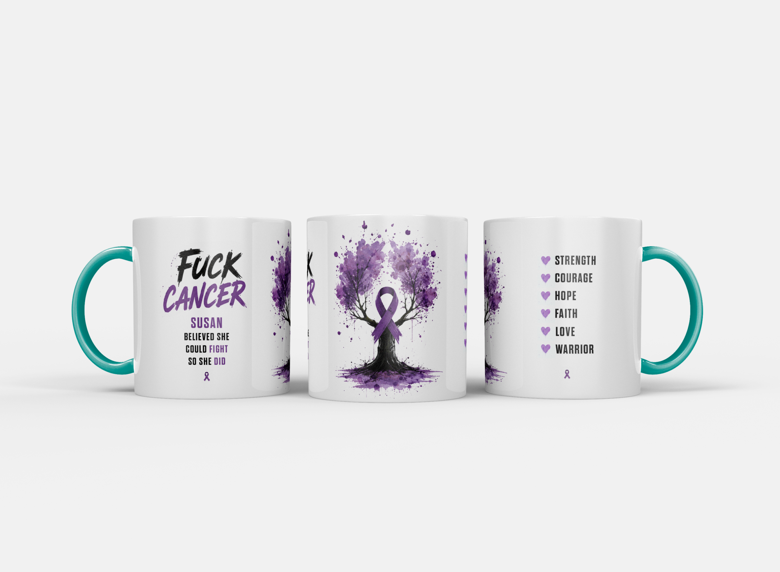 Gepersonaliseerde “Fuck Cancer” Mok – Boom & Awareness Ribbon Waterverf Design met Eigen Naam - Afbeelding 21