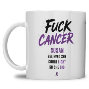 Gepersonaliseerde “Fuck Cancer” Mok – Boom & Awareness Ribbon Waterverf Design met Eigen Naam