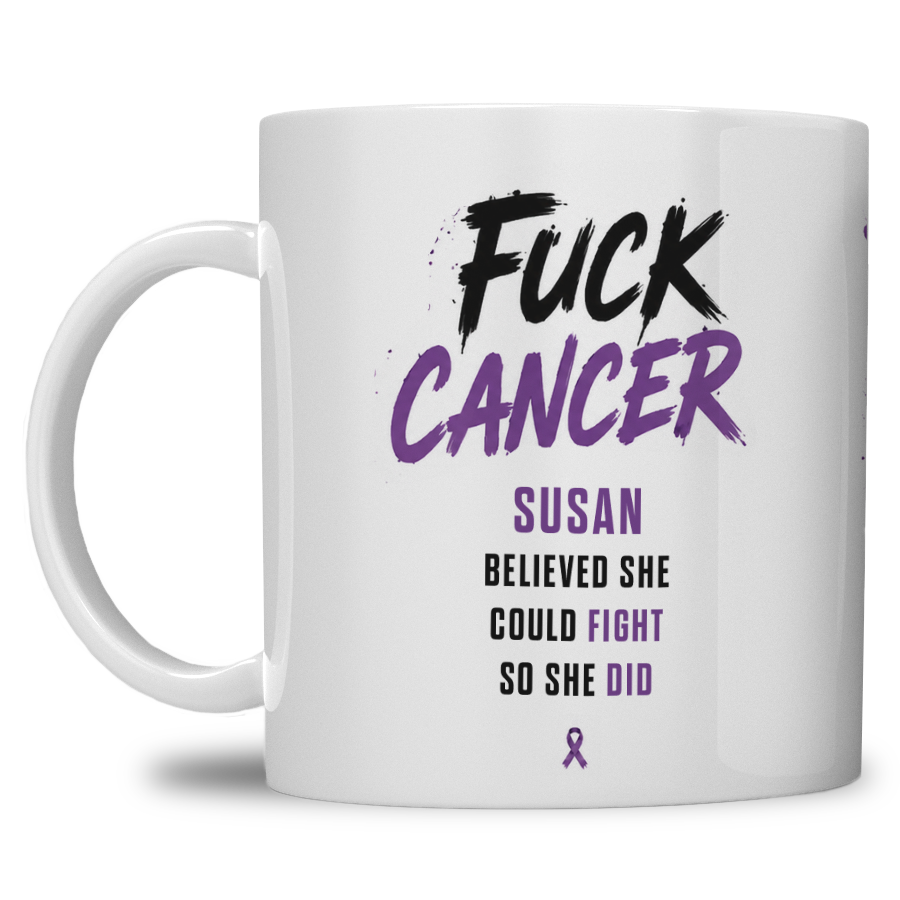 Gepersonaliseerde “Fuck Cancer” Mok – Boom & Awareness Ribbon Waterverf Design met Eigen Naam