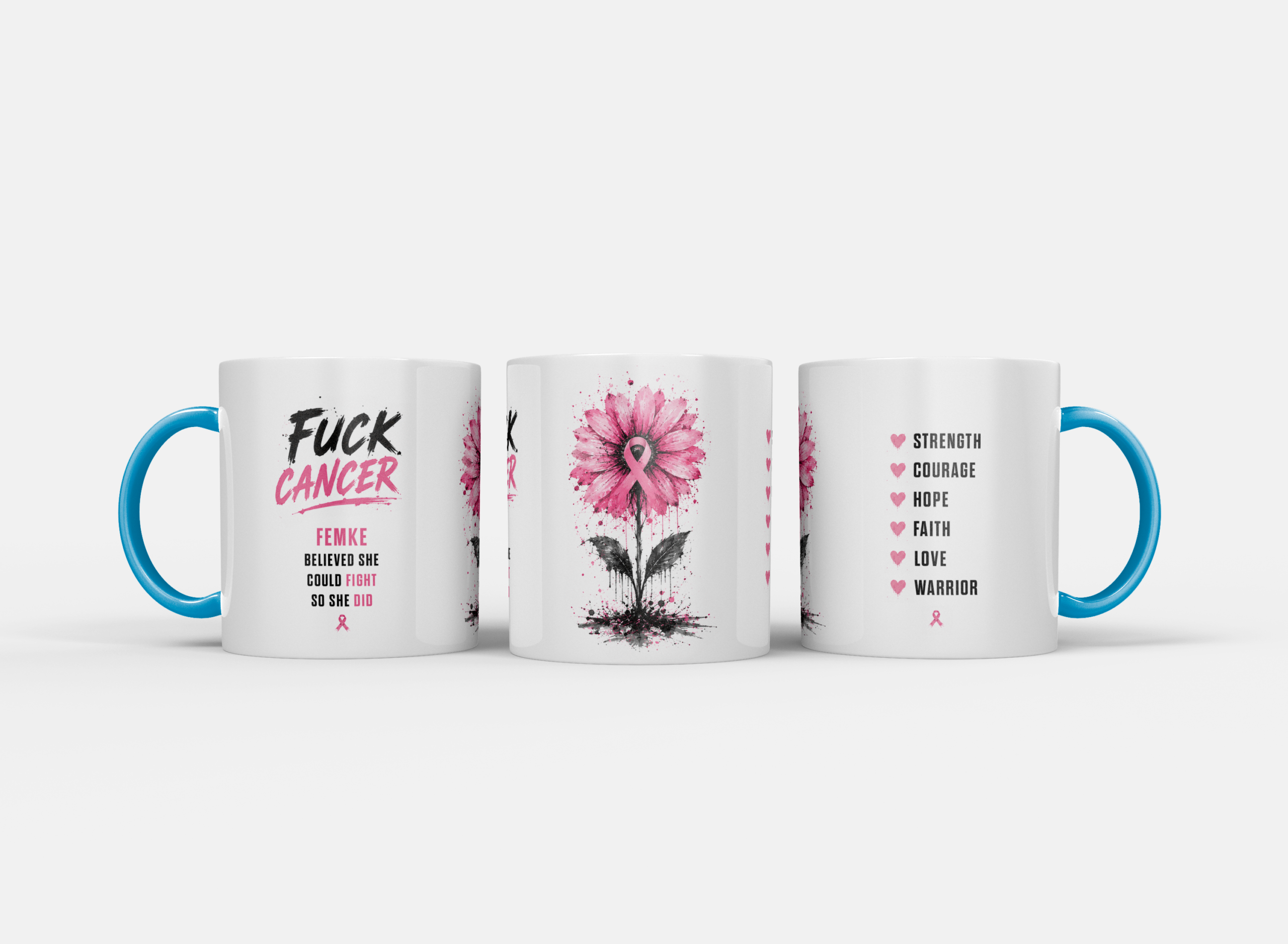 Gepersonaliseerde “Fuck Cancer” Mok – Unieke Waterverf Bloem Design Mok met Naam - Afbeelding 15