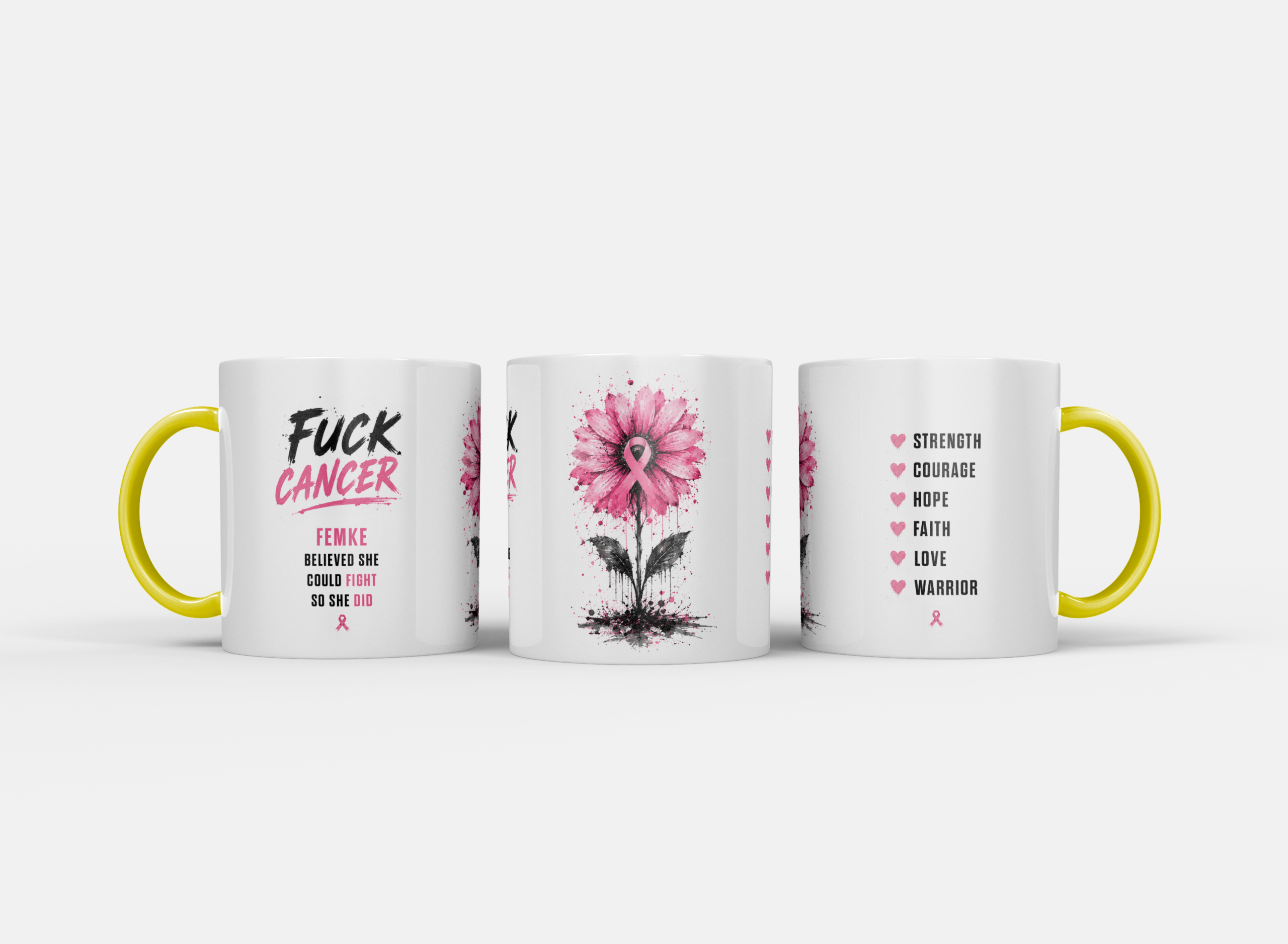 Gepersonaliseerde “Fuck Cancer” Mok – Unieke Waterverf Bloem Design Mok met Naam - Afbeelding 14