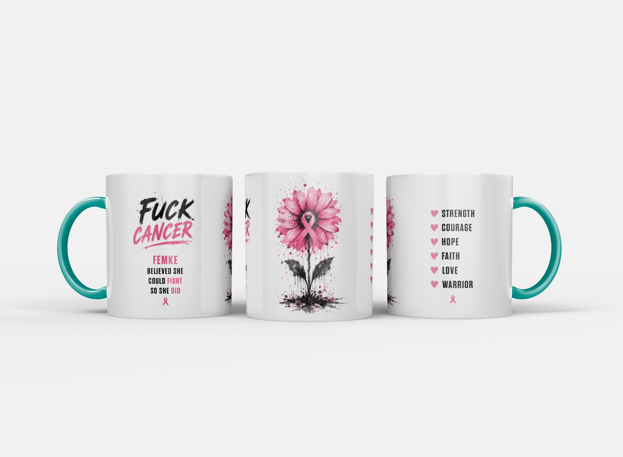 Gepersonaliseerde “Fuck Cancer” Mok – Unieke Waterverf Bloem Design Mok met Naam - Afbeelding 8