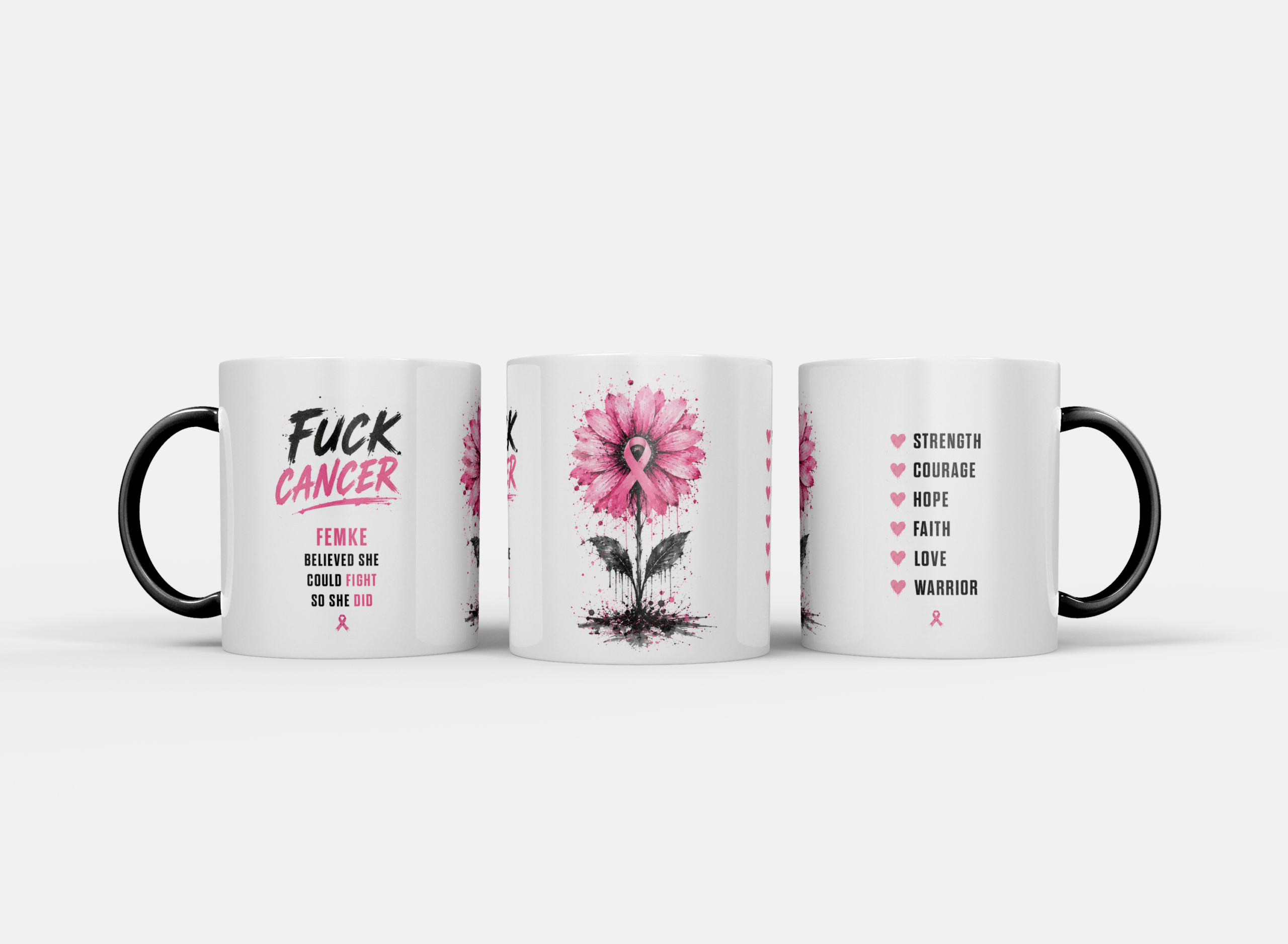 Gepersonaliseerde “Fuck Cancer” Mok – Unieke Waterverf Bloem Design Mok met Naam - Afbeelding 7